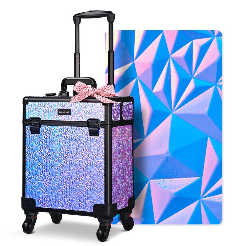 Byootique Rolling Makeup Train Case Aluminum Cosmetic Makeup Organizer Suitcase
