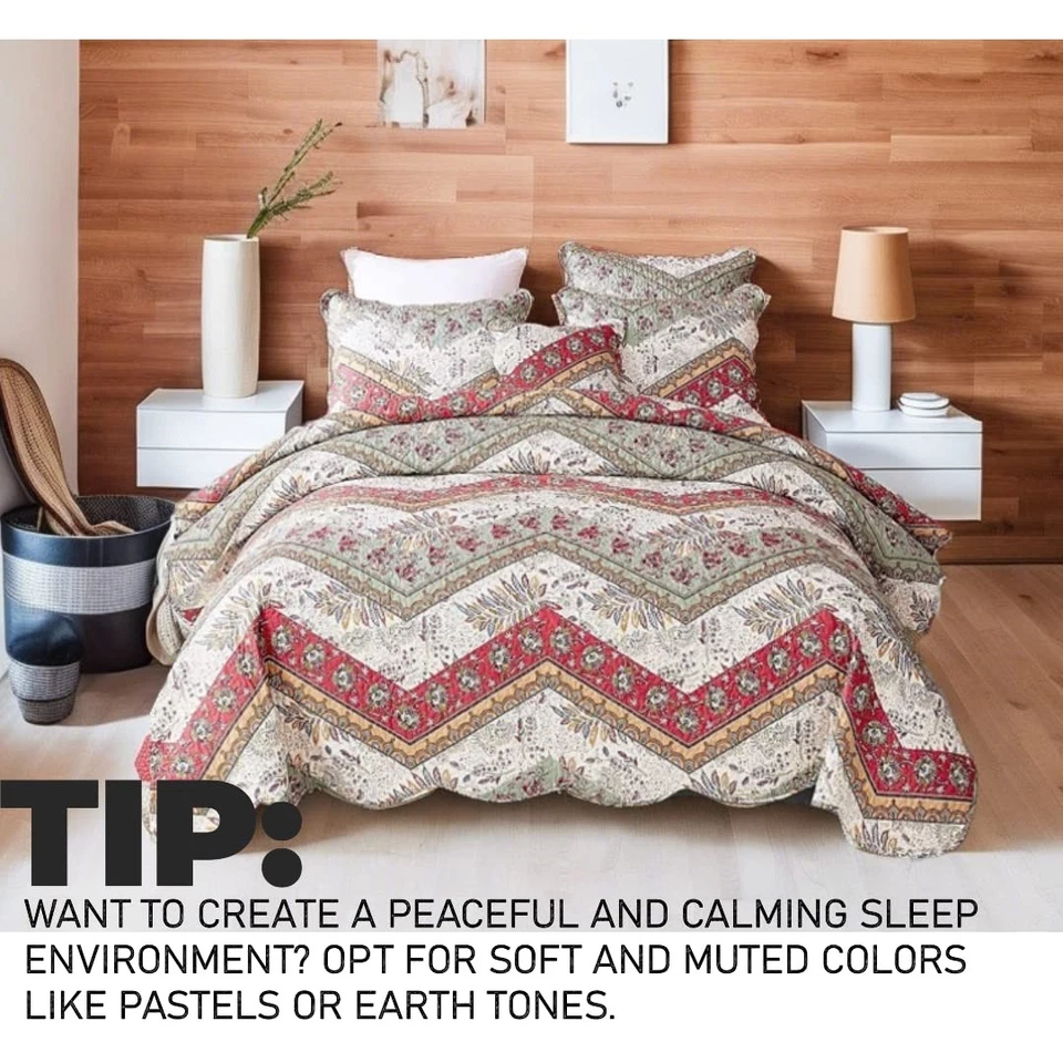 Bohemian Quilted Floral Bedspread Set - Rustic Cranberry Red Sage Green Chevr... - Image 3 of 4