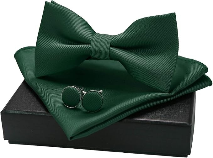 JEMYGINS Mens Bowtie Bow Tie Pocket Square Sets With Cufflinks Dark Green