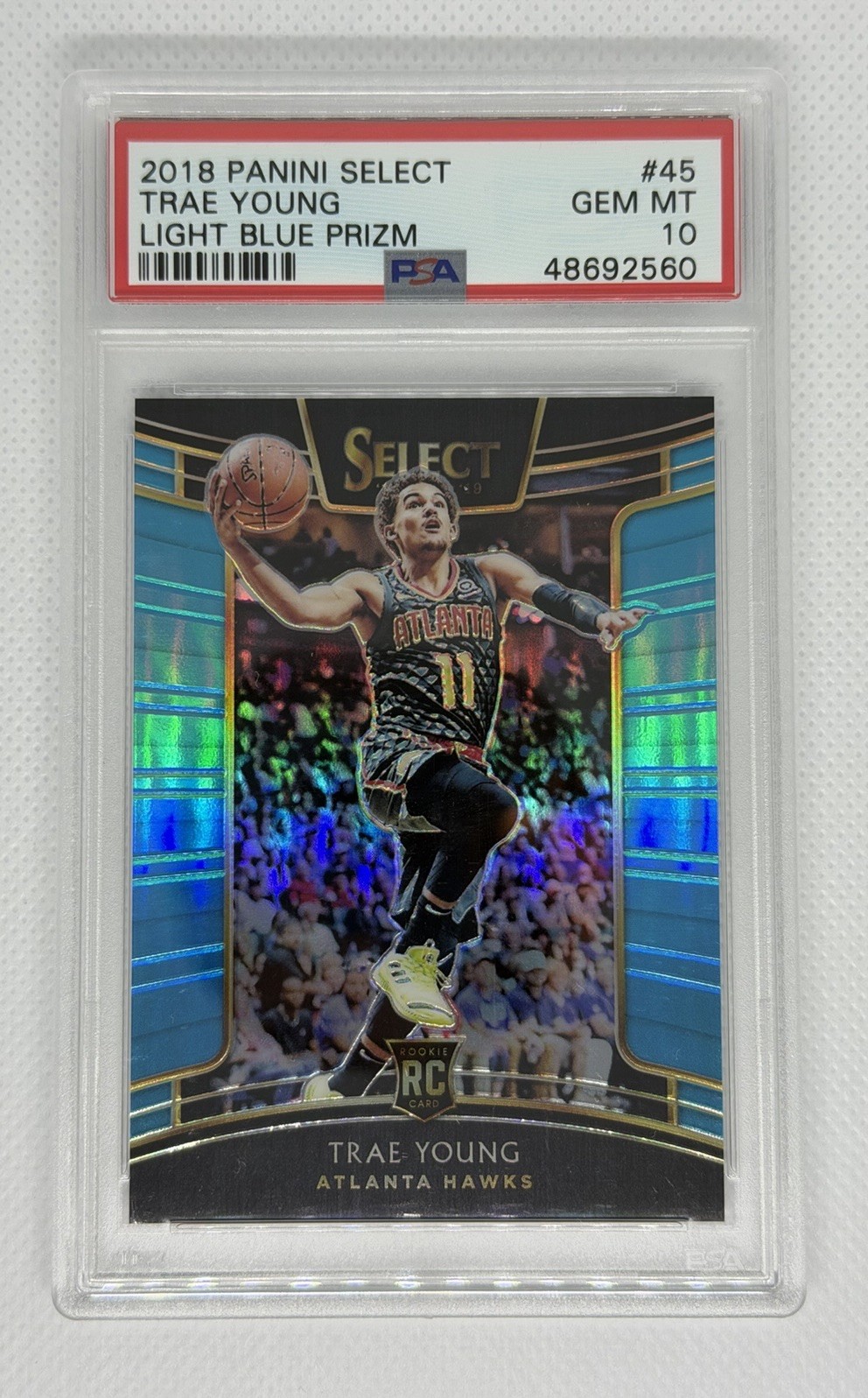 Trae Young 2018-19 Panini Select Light Blue Prizm RC /299 PSA 10 #45 Rookie