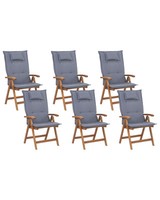 Gartenstuhl Akazienholz Hellbraun 6Er Set Klappbar Verstellbar Kissen Blau Java