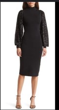 NWT ELIZA J Black Dress Sequin Embellished Sleeve Midi Sweater. Size M $158