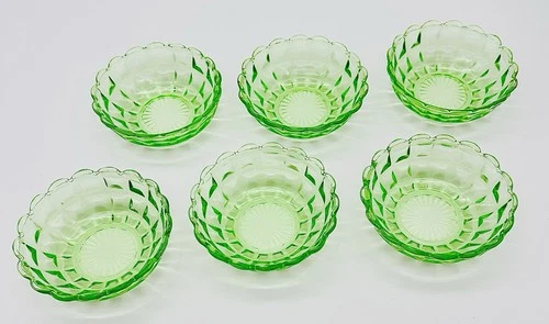 URANIUM GLASS JEANETTE Cubed Fruit/Berry Cups Lot Of SIX 4.5 Inch MINT Condition