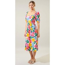 Sugarlips Floral Puff Sleeve Midi Dress Multi Color Smocked Back Size Medium