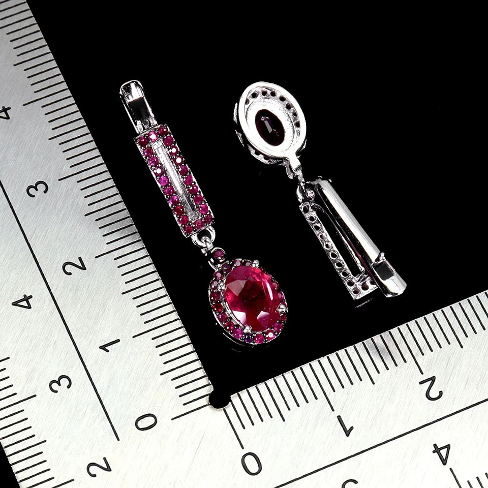 925 Orecchini Argento Sterling Ovale Rubino 7x5mm Rubino Myanmar Gemma Gioielli - Immagine 3 di 4