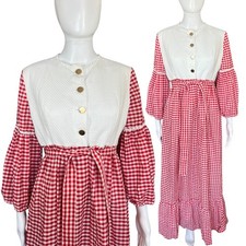 70s Handmade Red Gingham Prairie Maxi Dress Waist Tie Women’s S/M Cottagecore