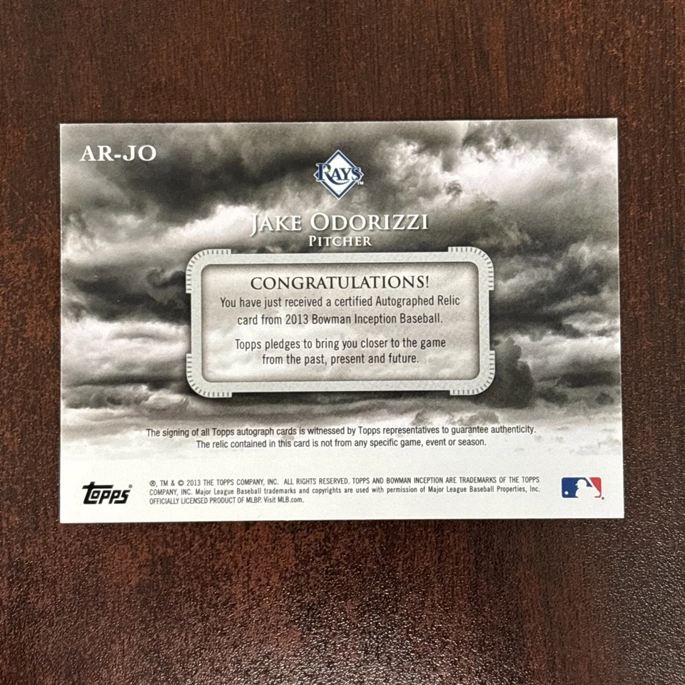 2013 Bowman Inception /25 Jake Odorizzi #APA-JO RPA Rookie Patch Auto RC Rays - Image 2 of 2