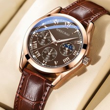 Mens Business Quartz Watch Rose Gold Leather Strap Classic Dress Wristwatch Mens