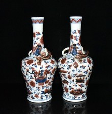 10" China Old Antique Ming Xuande Mark Porcelain Blue White Underglaze Red Vases