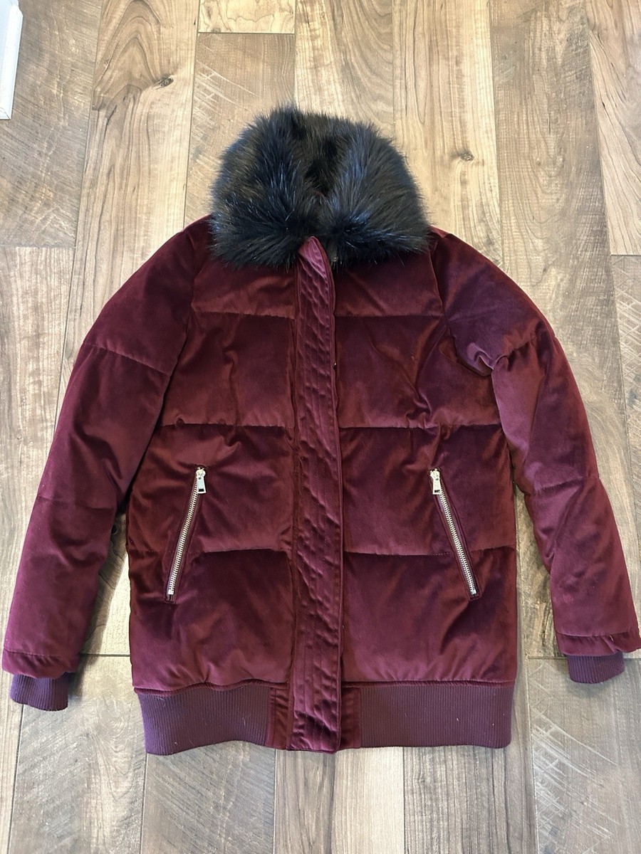 River Island Burgundy Velvet Puffer Coat UK Small LN002 SS 01 View 2