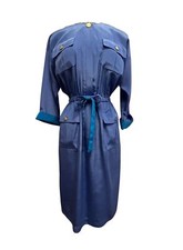 Vintage 90s Dress Leslie Fay Midi Belt Pockets Satin Blue Retro Long Sleeves 10
