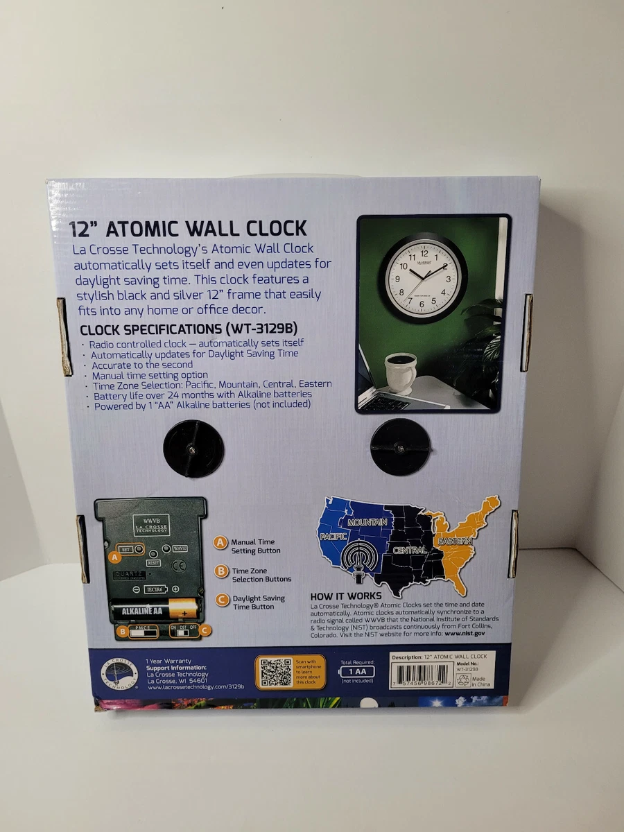 La Crosse Technology WT-3129B 12 Inch Atomic Analog Wall Clock Black