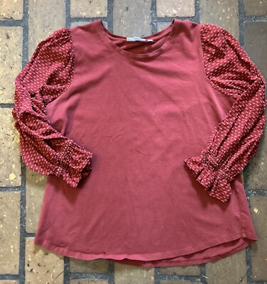 NWOT Chicos Top, Sheer Sleeves, Brick Red, L / 2, Gold Fleck Detail In Sleeves