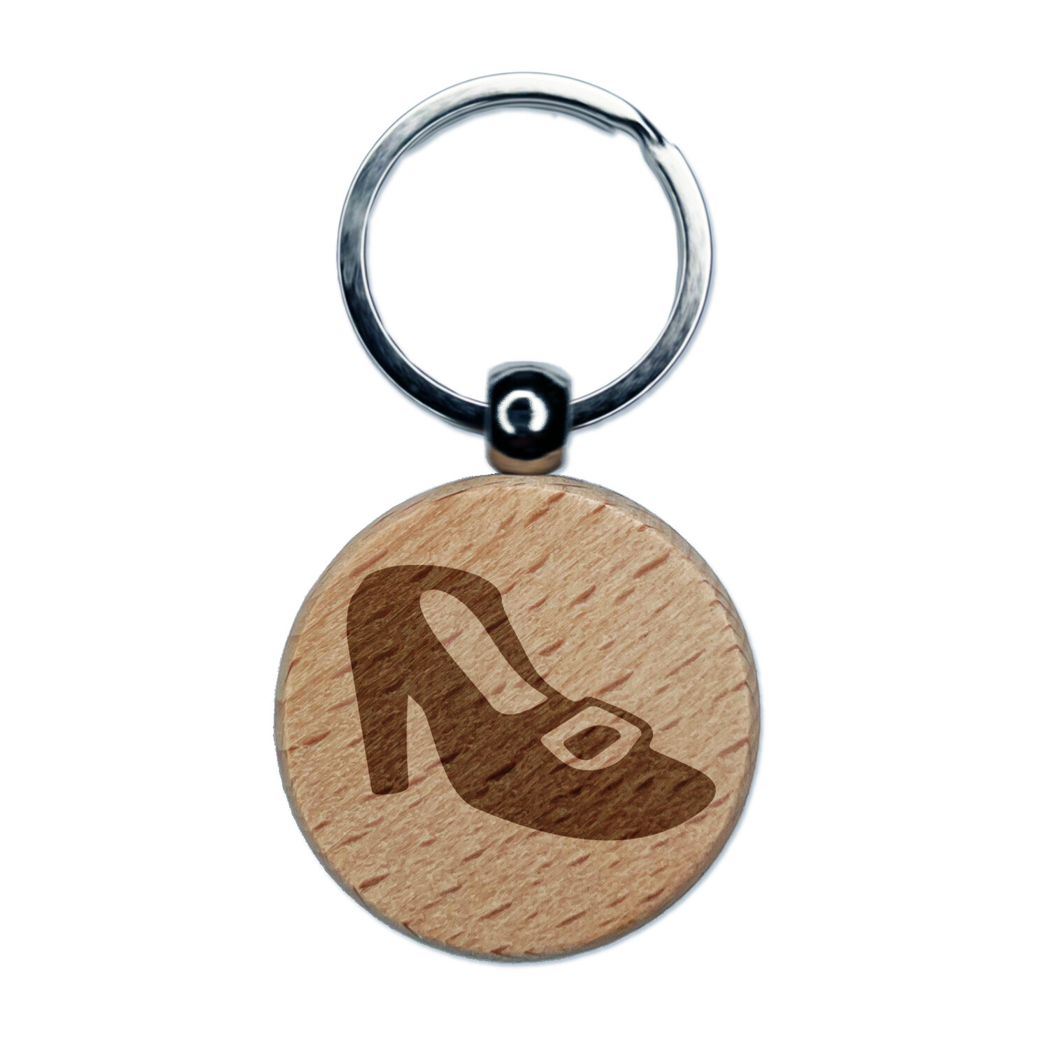High Heeled Shoe with Buckle Engraved Wood Round Keychain Tag Charm