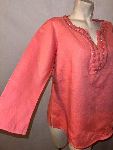 New TALBOTS Top Women Petite Size XP Coral Pink Embellished 3/4 Slv Linen Tunic - Picture 3 of 6