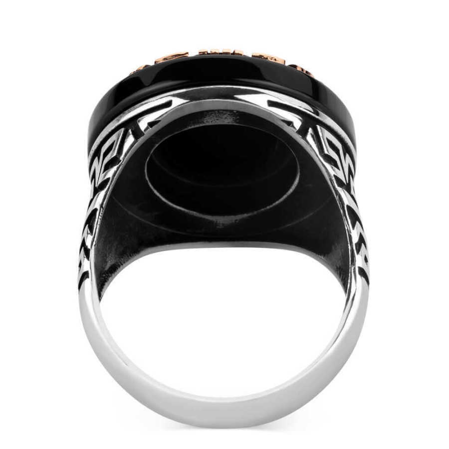 Real 925 Two Tone Sterling Silver Men's Ring with Oval Black