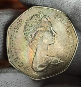 1969 50 New Pence Coin UNC Uncirculated 50p Coin With Rainbow Patina Toning RefL