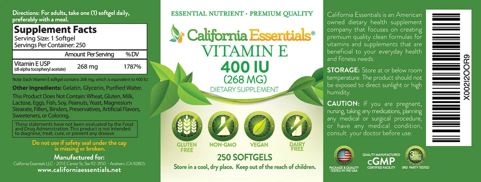 DI-ALFA-TOCOFERIL ACETATO 400iu VITAMINA E (E400)-PELE-ANTI ENVELHECIMENTO-ESCOLHA O TAMANHO - Imagem 2 de 3