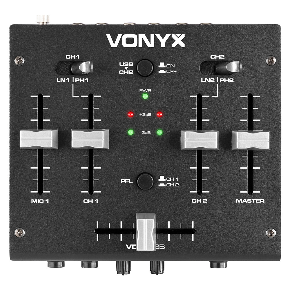 Vonyx VDJ2USB DJ Mixer 3Channel with FullDuplex USB & Builtin Audio