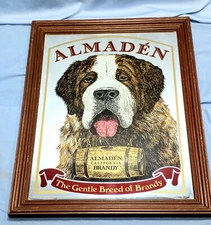 Almaden California Brandy Framed Mirror Sign St Bernard Dog Mascot 22" Bar 