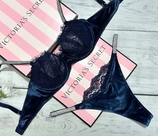 Victoria's Secret Bra Shine Strap Navy Blue Velvet Bra Thong Panty Set