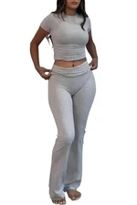 Women's 2 Piece Lounge Set Short Sleeve Cropped Top Fold-over Flare Pants