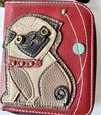 CHALA Burgundy Red Patchwork Boxer Dog Zip Around Wallet Wristlet NWT
