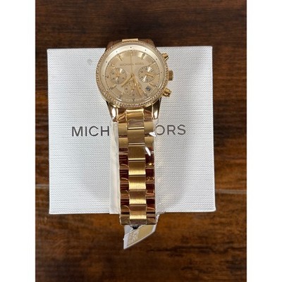 Michael Kors Ritz Chronograph Gold Tone Crystal Bezel Watch MK6356 New