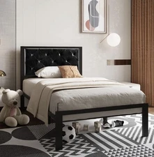 12.5” Metal Platform Twin Bed Frame - Faux Leather Upholstered Headboard, Black 