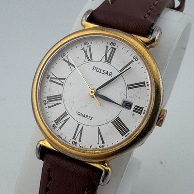 VTG Pulsar Quartz Watch V827-0090 Women Gold Tone Date Roman Leather New Battery