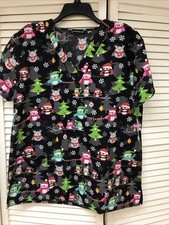 Cassandra O Size XL Women's Scrub Top Christmas Print, V-Neck Pockets, New W/Tag