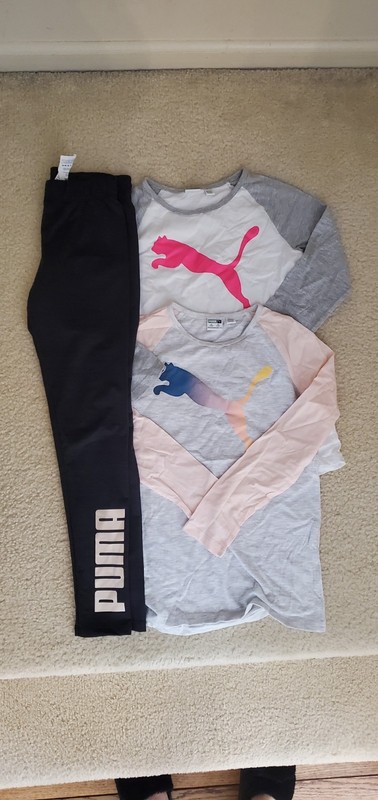 PUMA Girls 3 Piece Outfit Set Long Sleeve Shirts Pants Gray Pink Black M 10/12