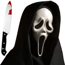 Halloween Scream Ghost Mask With Knife Prop Fancy Dress Horror Screamer Costume