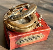 Vintage Maritime Pocket Sundial Nautical Brass Compass With Antique Leather Case