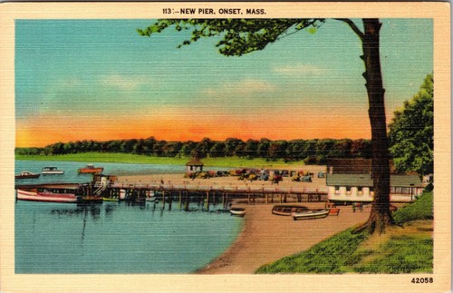 Beginn MA-Massachusetts, New Pier, Boote, Sonnenuntergang Vintage Souvenir Postkarte