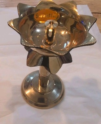 Vintage Solid Brass Swastik Diya / Lotus  Wick Lamp India