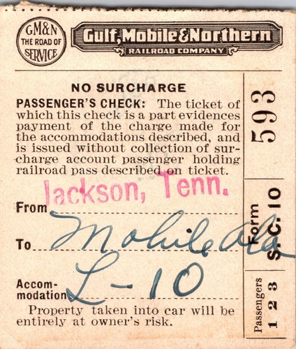 Gulf Mobile & Northern Railroad Ticket Stub 1928 Mobile AL Jackson TN c