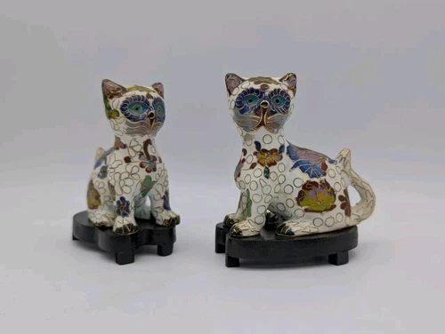 Vintage Set Of 2 Cloisonne Cat Figurines With Stands Brass Enamel Floral