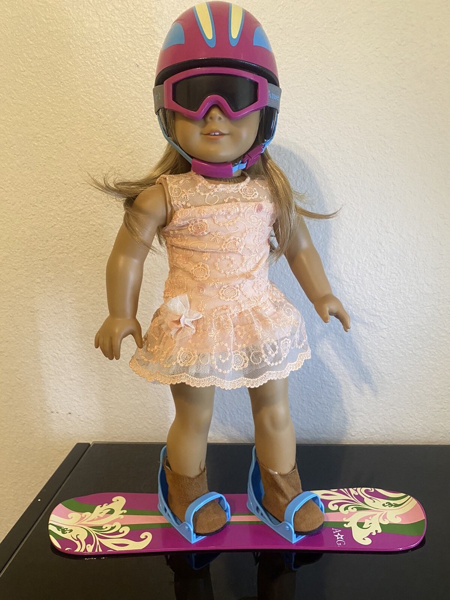 american girl snowboard and helmet WellieWishers 14.5-inch Doll Frosty Fun Playset with Owl-Face Goggles, For Ages 4+ Toys & Games clothing set includes a winter coat with hood and bib overalls American Girl Doll Snowboard and