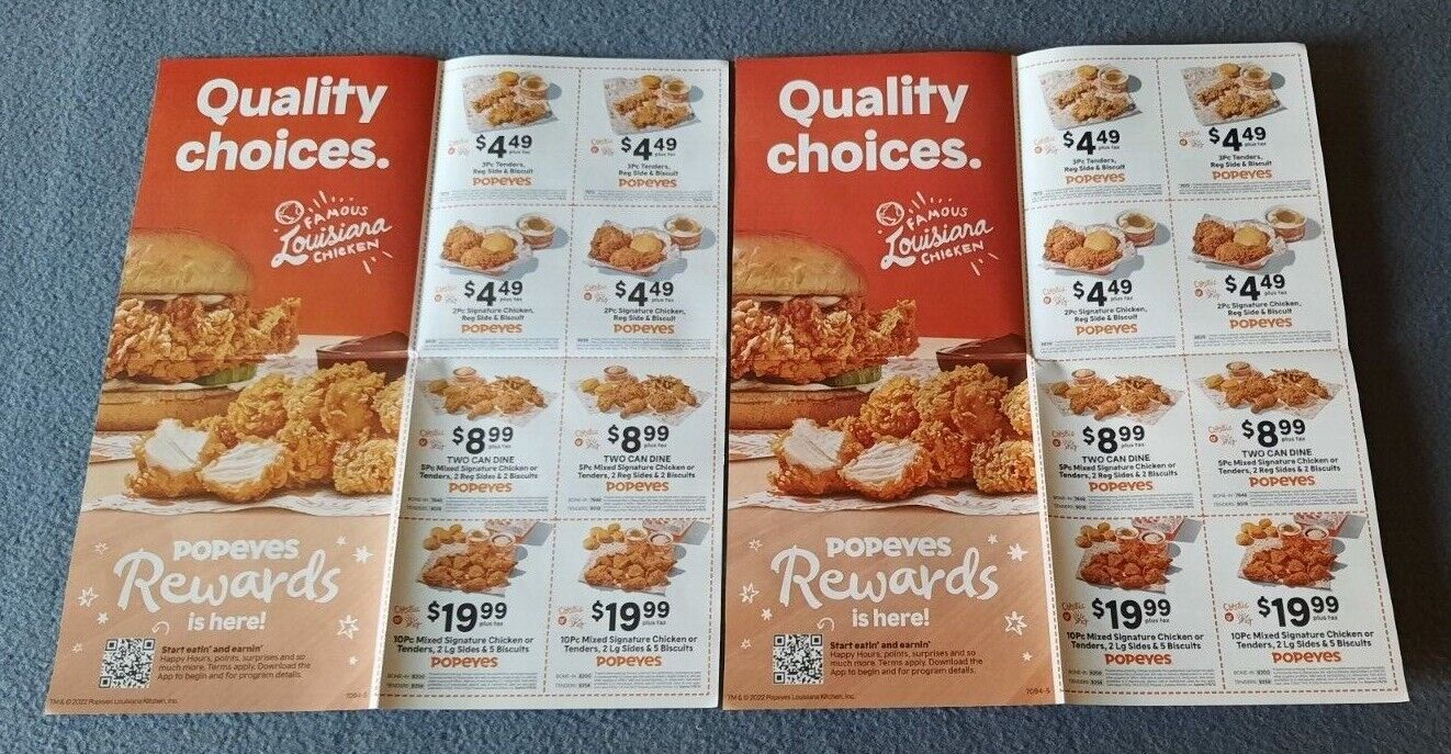 2 Sheets Of POPEYES Coupons Expire Grelly USA