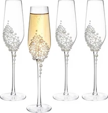 Clear Glass Stemmed Champagne Toasting Flutes, Wine Drinking Glasses, Set of 4