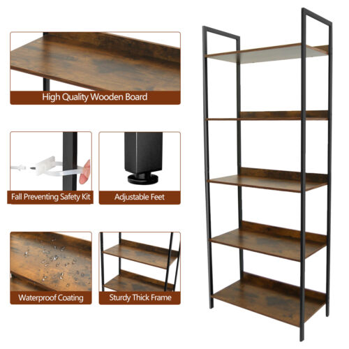 5 Tiers Triple Wide Industrial Bookcase Large Bookshelf for Living Room Brown - Picture 5 of 8