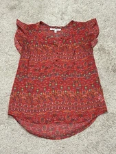 Black Rainn Womens Shirt Petite Sz PS Multicolor Print Lightweight Flowy Ruffle