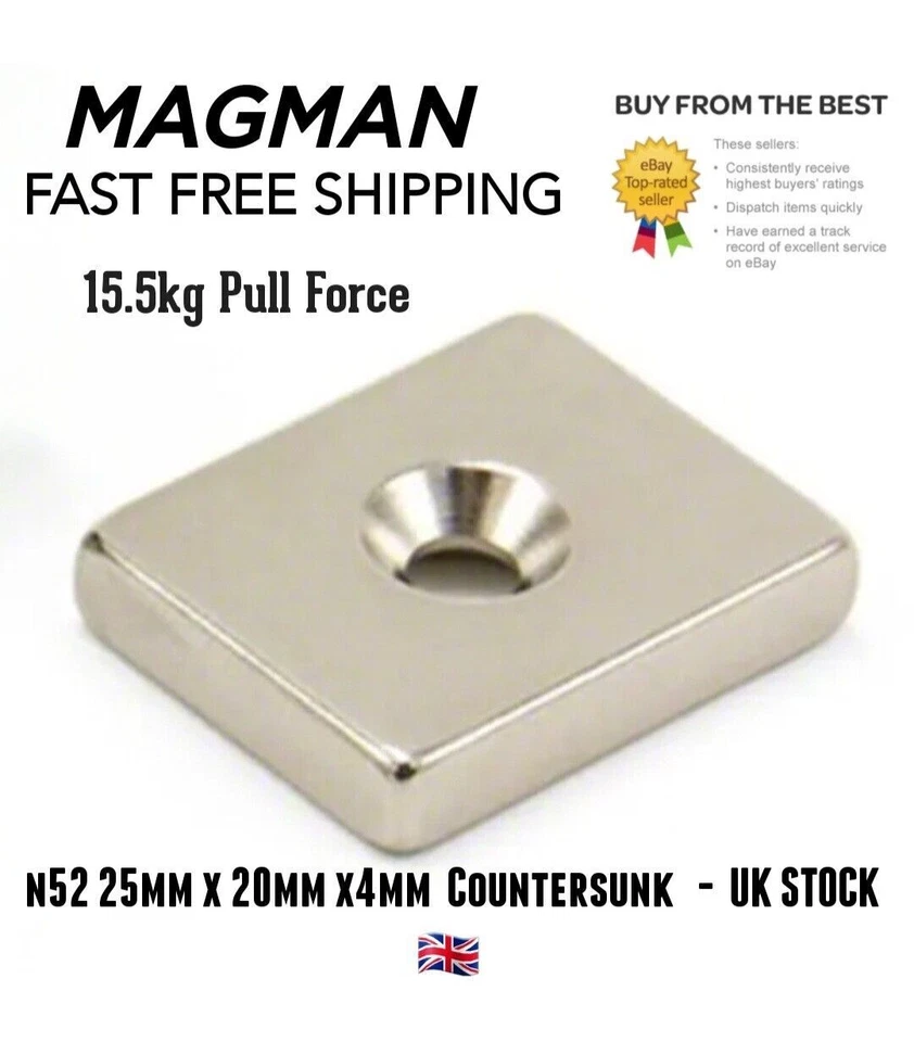 MAGMAN 25 x 20 x 4mm N52 Neodymium Magnet, 4.5mm c/sunk hole - 15.5kg Pull VariousPacks