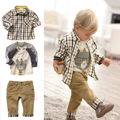 3Pcs Toddler Baby Boys Plaid Cartoon Shirt Tops+T Shirt+Pants