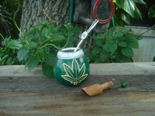 Mate Gourd Hand Carved Cannabis Leaf Mate Calabaza  Straw  Bonus Spoon Yerba 