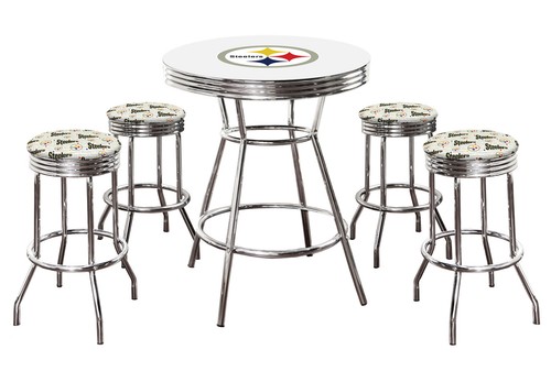 NFL Theme 5PC Chrome Metal White Bar Table w/ 4 Team Logo Fabric Swivel Cushions - Picture 42 of 55