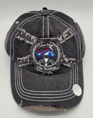 Denim Hat Live Fast Die Young Distress Strap-Back Embroidered Black Cap Moto NWT