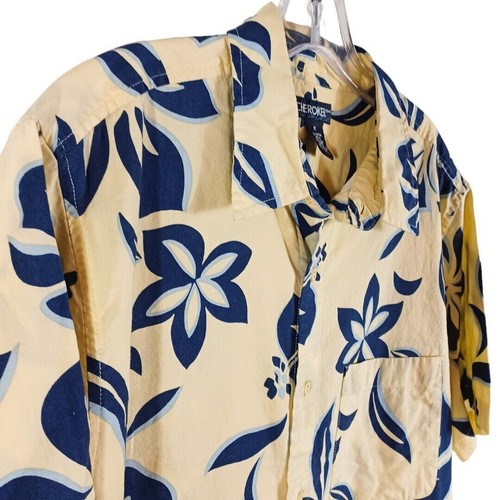 Cherokee Mens Sz M Hawaiian Yellow Button Up Short Sleeve Shirt Floral Cotton - Picture 4 of 7