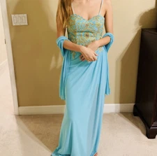 Aspeed Hand Beaded Bejeweled Teal Blue With Gold Detail Gown Size XS